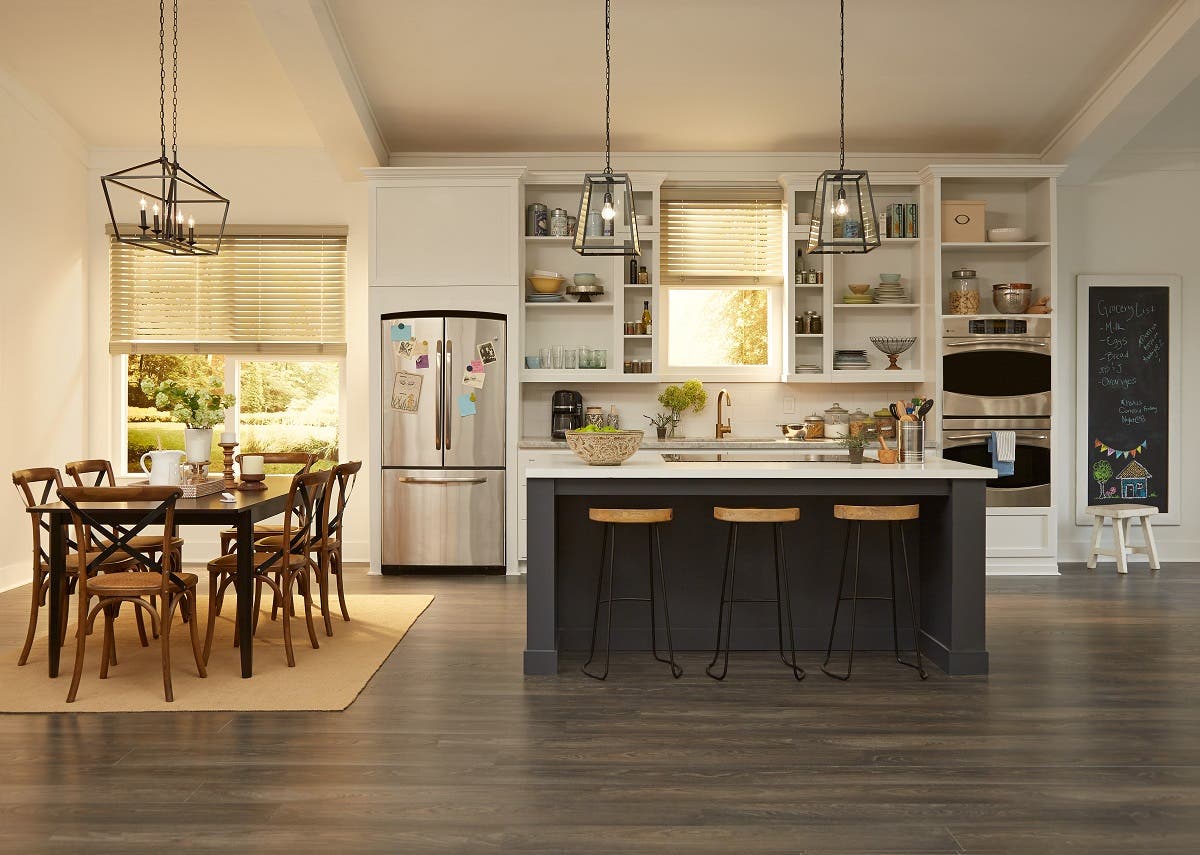 Kitchen with Painted Wood Blinds in Mist Grey